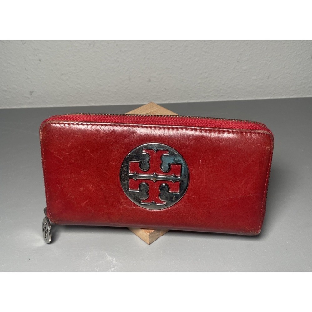 Tory Burch Continental Zip Around Red Leather Wallet ID Holder